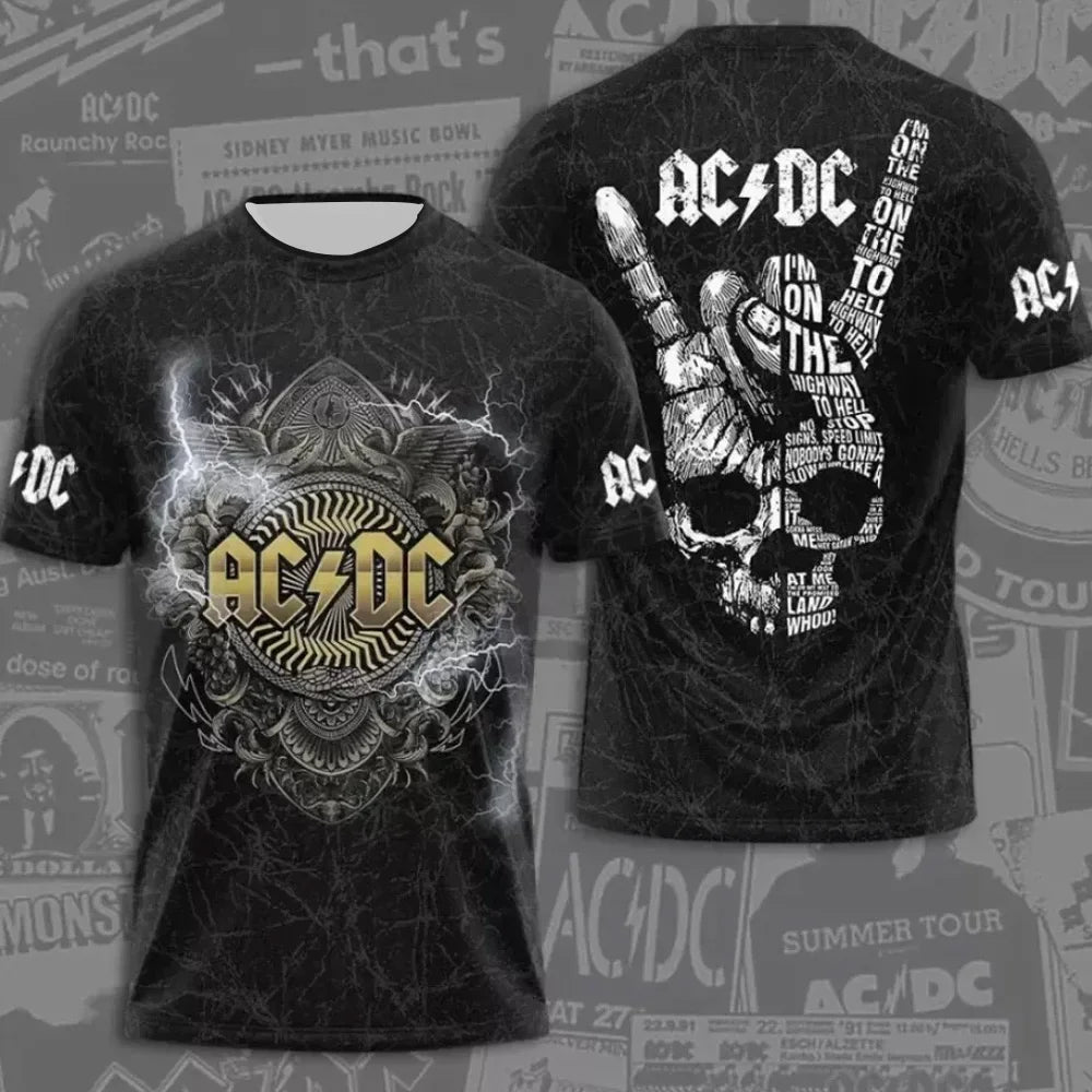 Fashion creative AC DC printed men's rock band T-shirt summer trend street round neck short sleeved tops loose unisex clothing