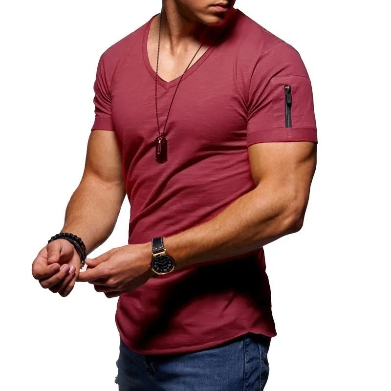 Men T-shirt Casual Soft Fitness Thin T-shirts Sleeve zipper decoration Men's Home Clothes V Neck Short Sleeve T Shirt for Men
