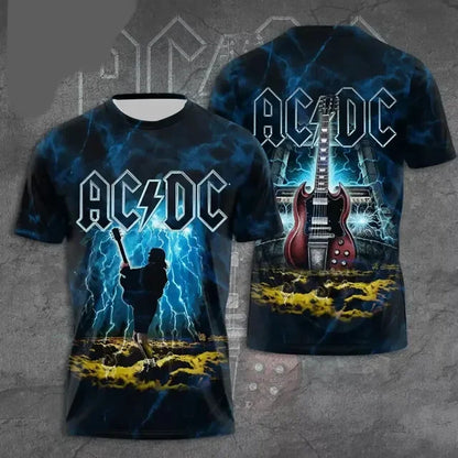 Fashion creative AC DC printed men's rock band T-shirt summer trend street round neck short sleeved tops loose unisex clothing