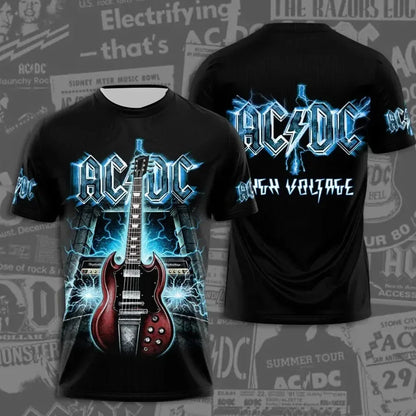 Fashion creative AC DC printed men's rock band T-shirt summer trend street round neck short sleeved tops loose unisex clothing