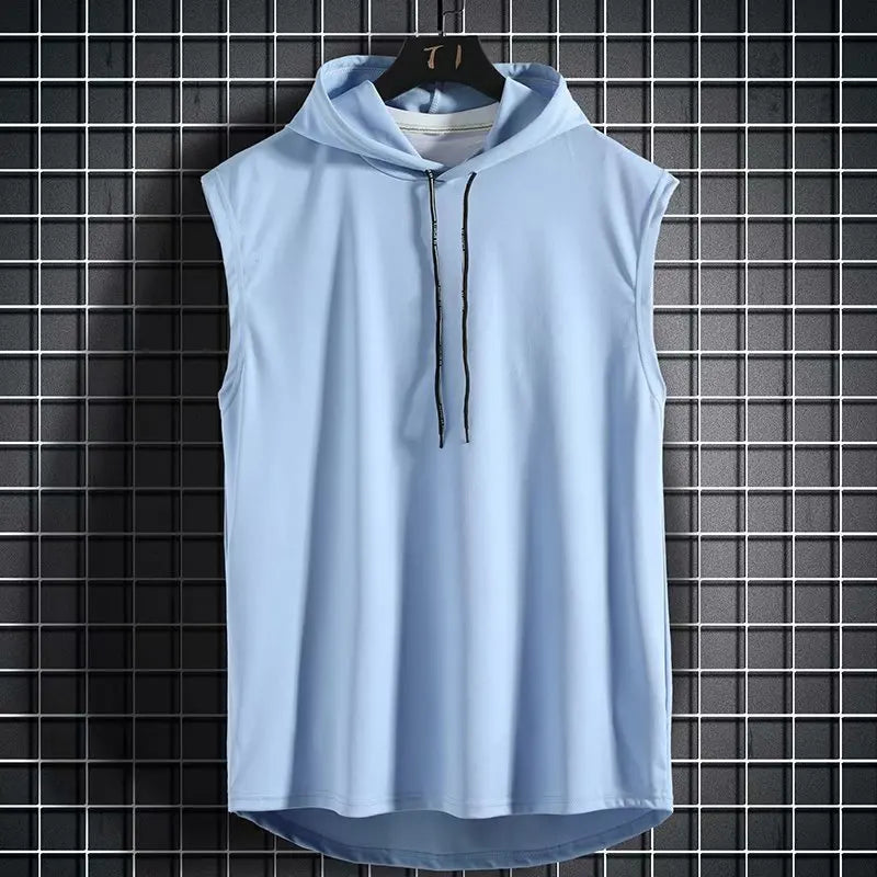 2025 Summer New Sleeveless Tank Top Men's Fashion Casual T-shirt Solid Color Hooded Strap T-shirt Hip Hop Street Sweatshirt
