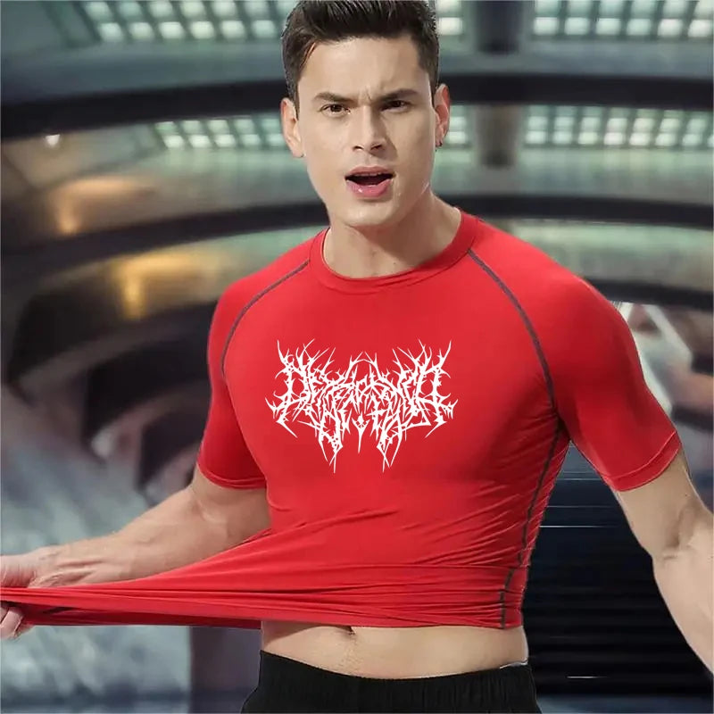 Thorns Print Gym Tight T-Shirt Men's Running Fitness Summer Quick-Drying Short-Sleeved Sports Workout Sportswear Top S-3XL