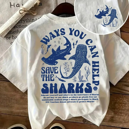 Shark letter printed graphic T-shirt Summer Fashion Sports Pure cotton Men's T-Shirt Children's Clothing Tee Y2k Woman