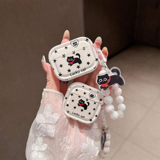 Little Black Cat Star Pearl Lanyard Earphone Case Cute Creative Anti Drop Suitable For AirPods 4 3 1 2 Pro Pro2 INS Style Cover