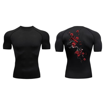 Blossom Print Short Sleeve Compression Shirts for Men Summer Athletic Quick Dry T-shirts Gym Workout Running Tees Sporty Tops
