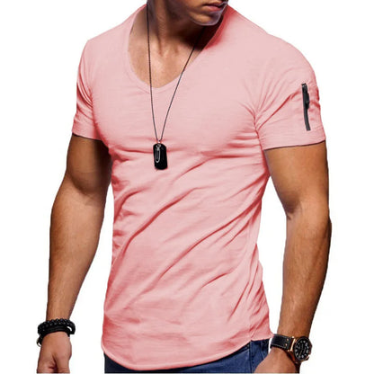 Men T-shirt Casual Soft Fitness Thin T-shirts Sleeve zipper decoration Men's Home Clothes V Neck Short Sleeve T Shirt for Men